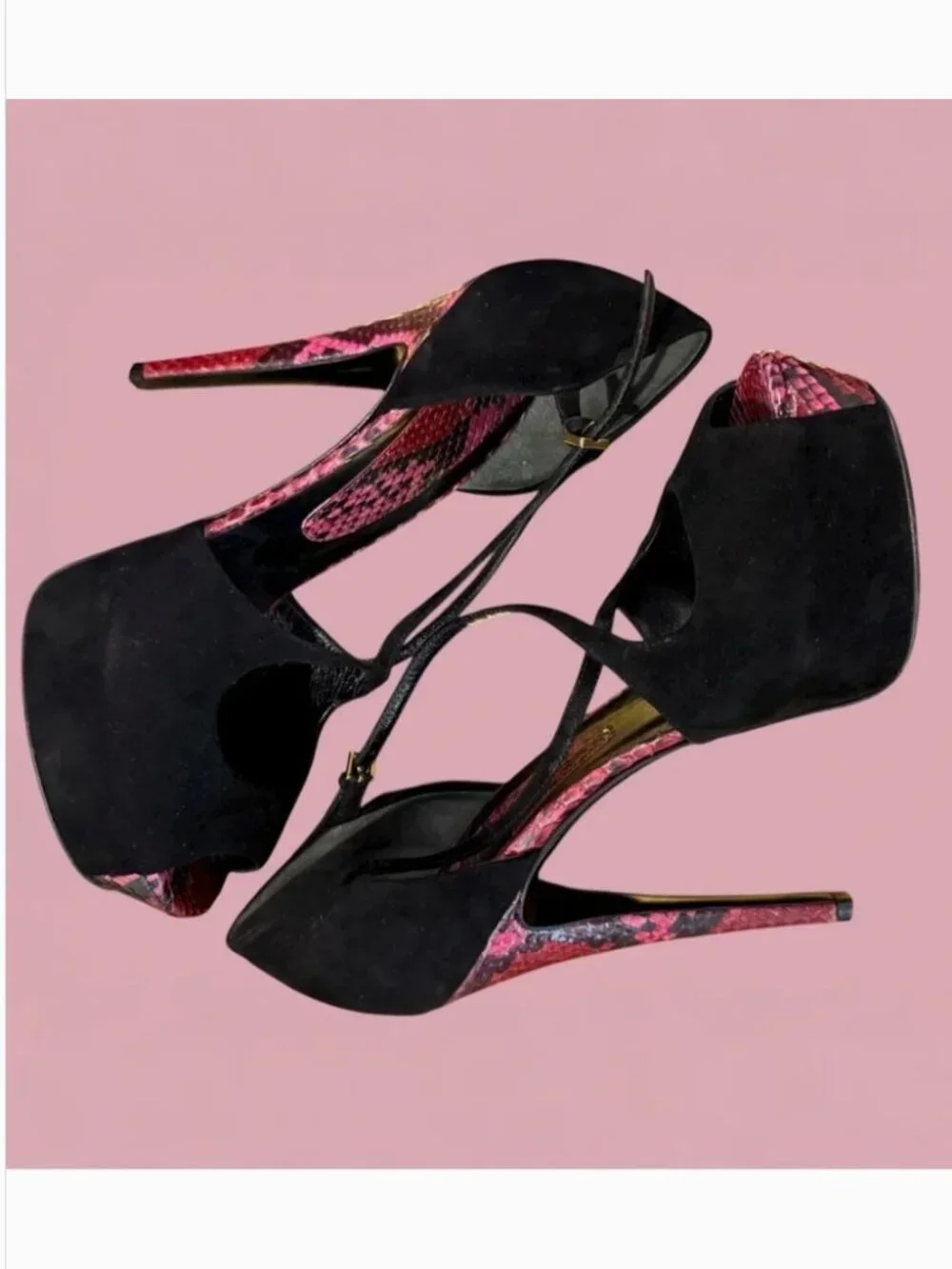 Epic Gucci black suede with red and pink Python Snakeskin platform heels  size 3